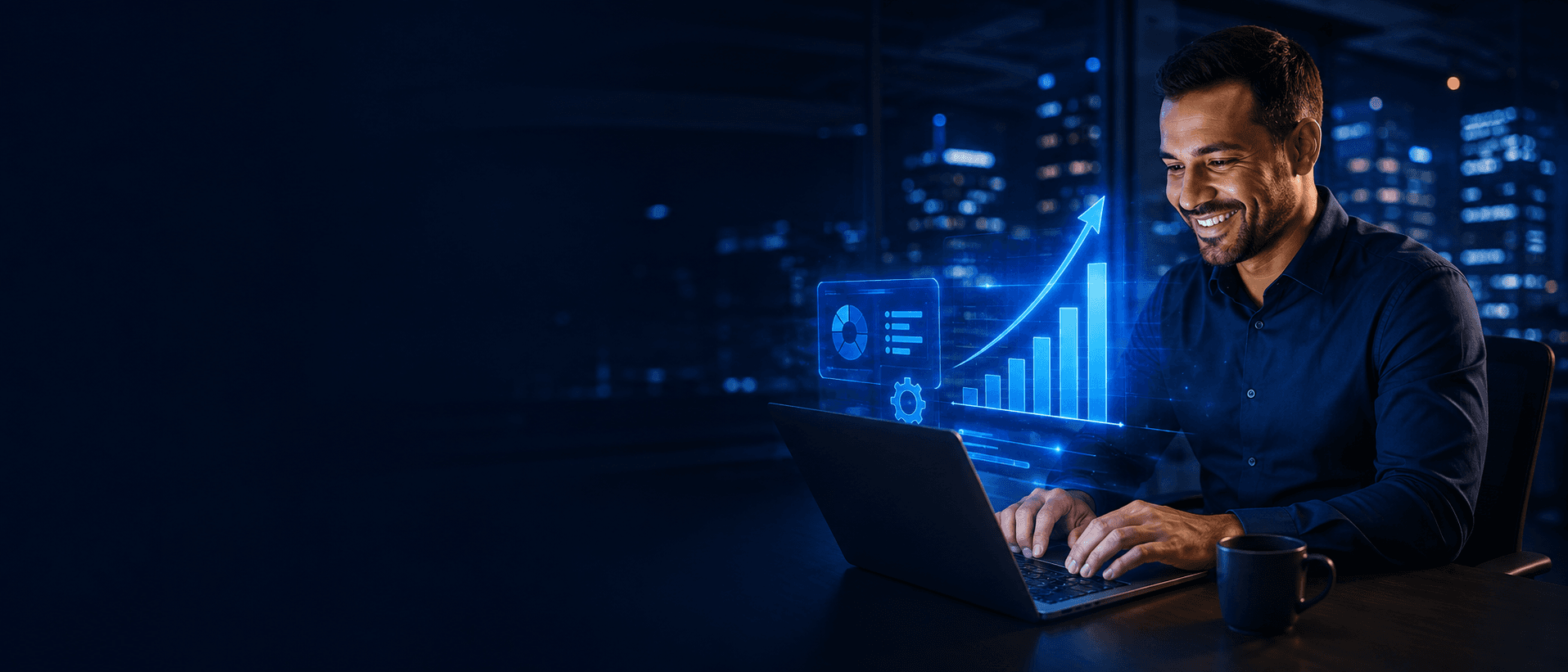 Gestor usando o Luga ERP em um notebook, com indicadores do sistema em destaque